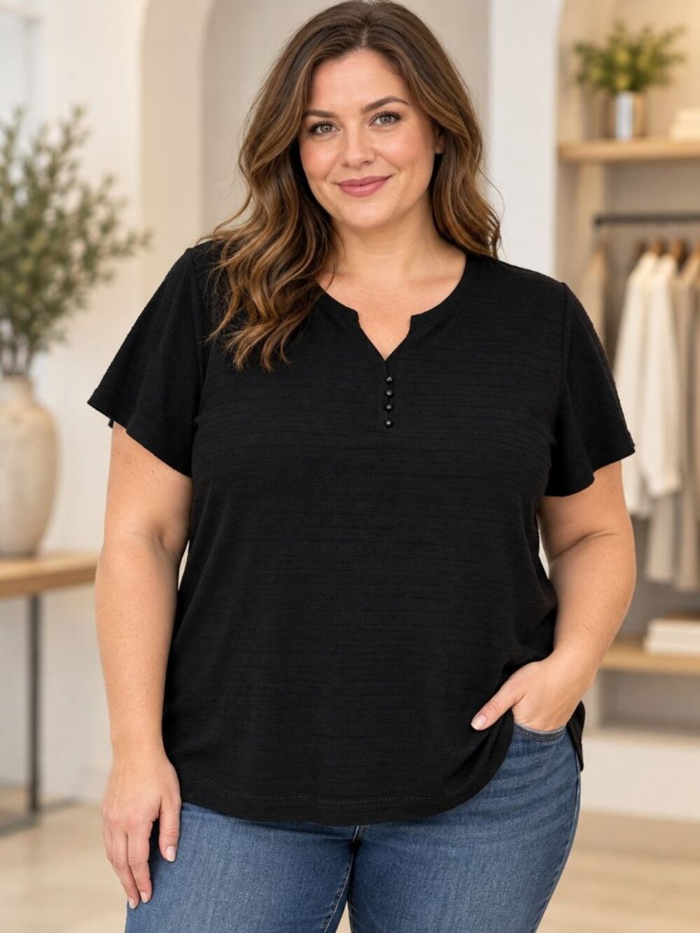 White Stag Womens Plus V-Neck Short Sleeve Black Textured Top Size 22W